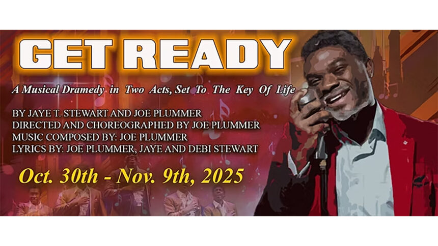 A painting of an adult wearing a red suit jacket singing into a microphone, and text on the left advertising Get Ready: A Musical Dramedy