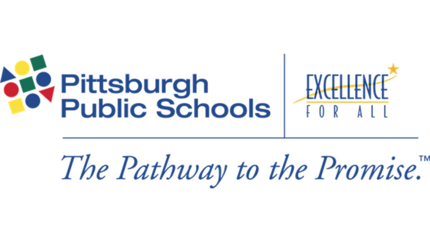 A small logo of multicolored shapes arranged in a square, along with the text "Pittsburgh Public Schools" in blue font, "Excellence for All" in stylized blue font, and "The Pathway to the Promise" in italic blue font