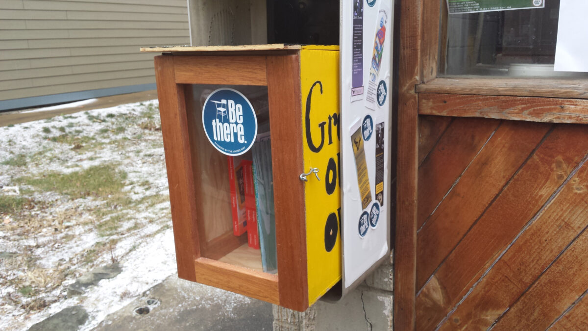 A small wooden compartment with books inside next to a lawn covered in snow