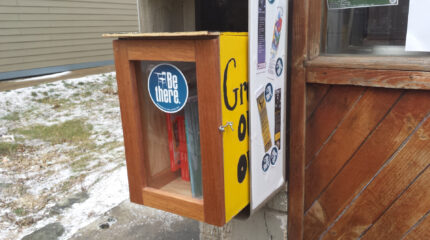A small wooden compartment with books inside next to a lawn covered in snow