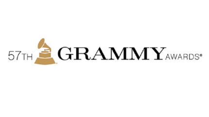 The text "57th GRAMMY awards" in black, with a yellow phonograph graphic between 57th and GRAMMY, all on a white background