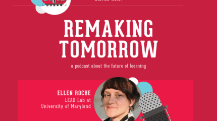 graphic with red background, microphone, and images of an adult in profile