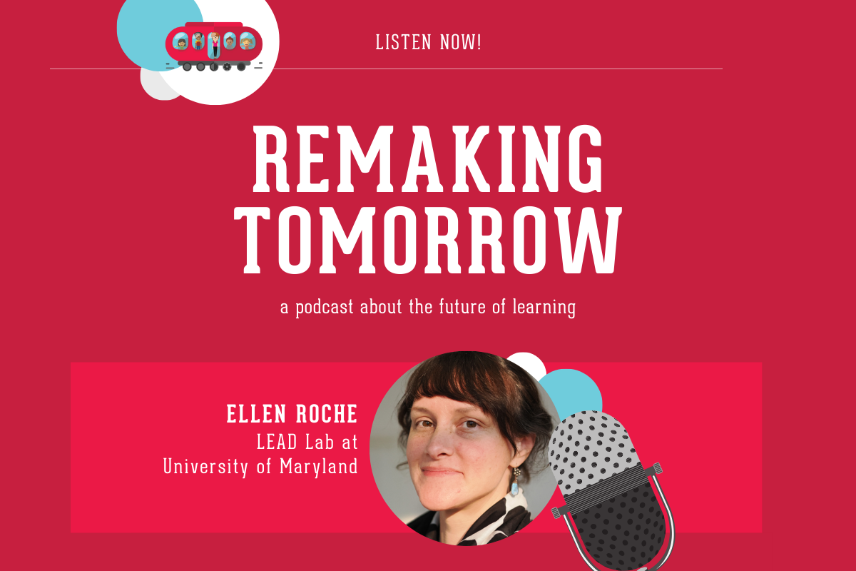 graphic with red background, microphone, and images of an adult in profile