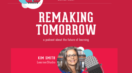 graphic with red background, microphone, and images of an adult in profile