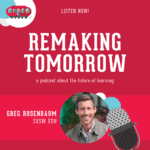 graphic with red background, microphone, and images of an adult in profile