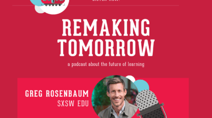 graphic with red background, microphone, and images of an adult in profile