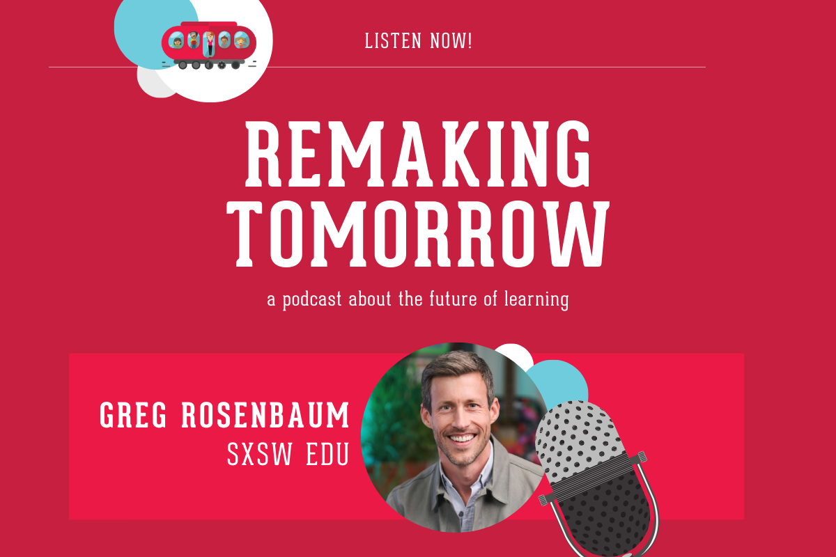 graphic with red background, microphone, and images of an adult in profile