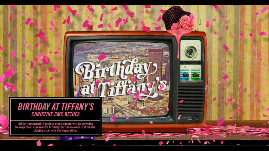 A cupcake laying face down on a old school television depicting a backdrop of a city and the text "Birthday at Tiffany's" in white cursive font in front of a striped green background , with pink confetti dropping down