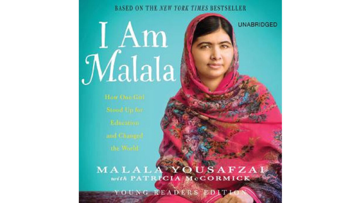 Neela_Vaswani_wp An individual wearing traditional garb sitting in front of a light blue background, along with the text "I Am Malala" in white and "How One Girl Stood Up for Education and Changed the World" in yellow on the left