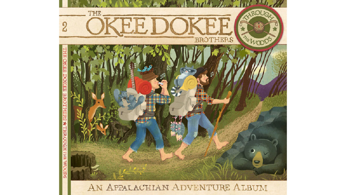 Okee-Dokee-Brothers_wp A drawing of two adults hiking through a forest as two deer and a bear watch them, along with the text "The OKEE DOKEE Brothers" in brown above and "An Appalachian Adventure Album" underneath