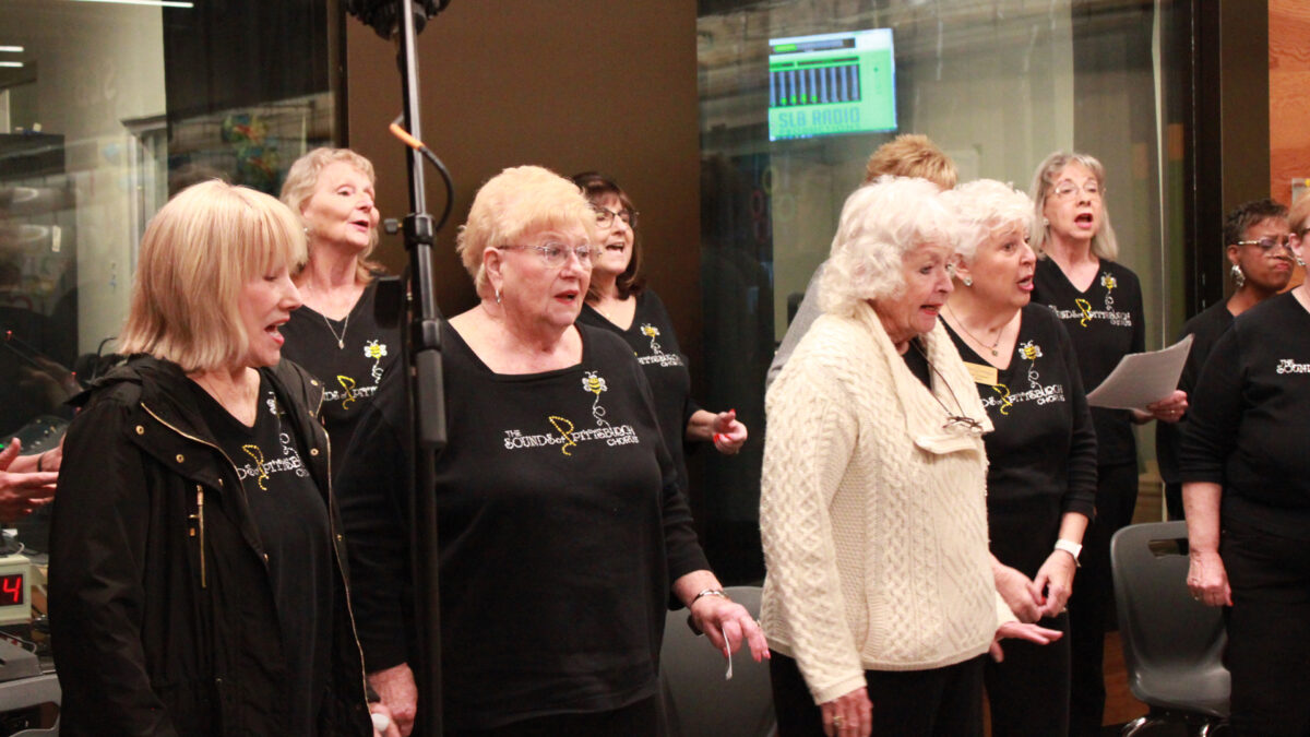 Ten adults singing in a choir