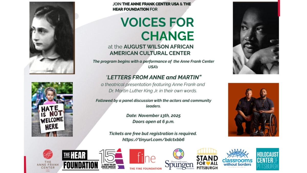 Text advertising Voices for Change, along with a black and white image of a youth, a black and white image of an adult, an image of a youth holding a sign, and two adults on an orange background, one sitting in a wheelchair