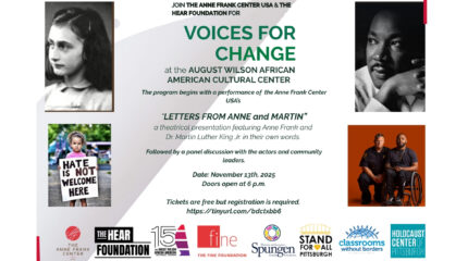 Text advertising Voices for Change, along with a black and white image of a youth, a black and white image of an adult, an image of a youth holding a sign, and two adults on an orange background, one sitting in a wheelchair