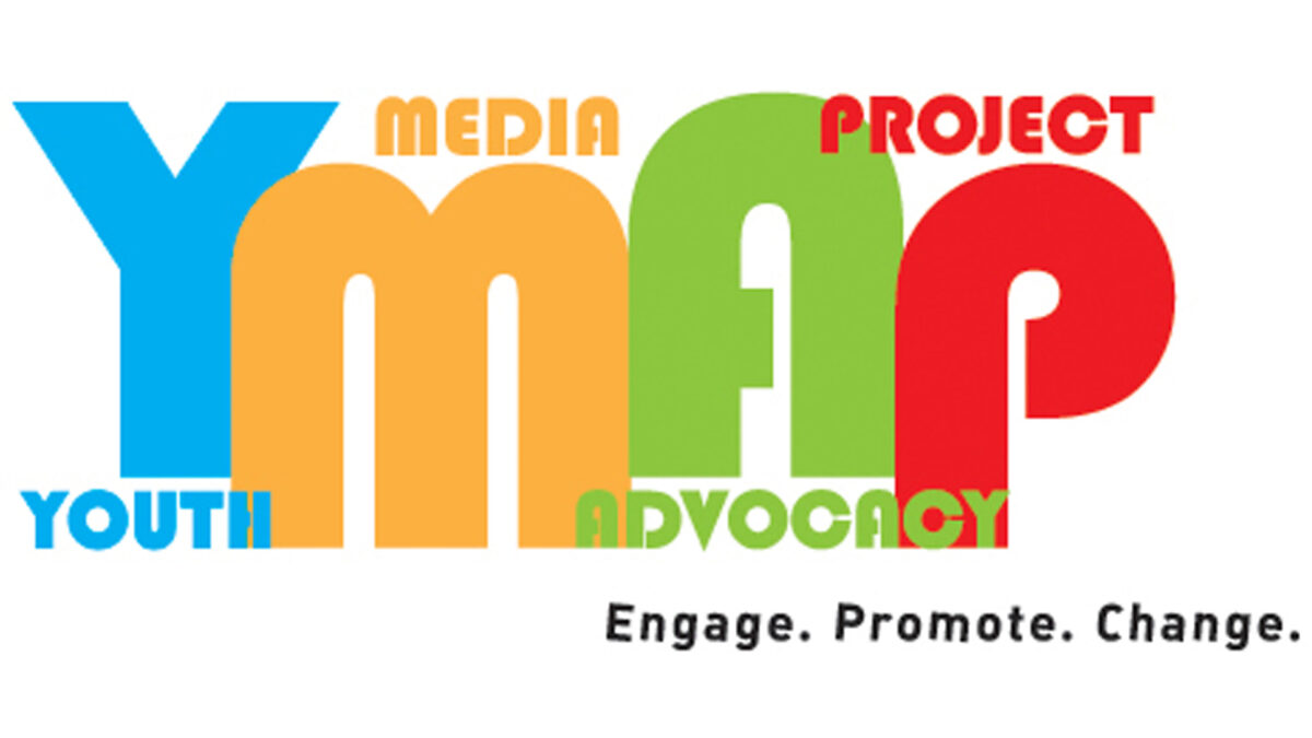A light blue letter Y with the text "Youth" underneath, an orange letter M with the text "Media" above, A light green letter A with the text "Advocacy" underneath, and a red letter P with the text "Project" above, along with the text "Engage. Promote. Change." in black underneath the letters
