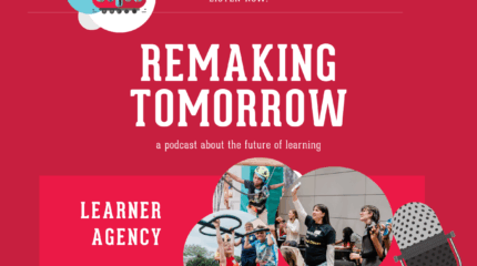 graphic with red background, microphone, and three images of young people participating in activities together