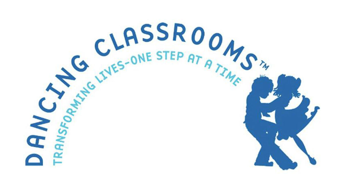 A graphic of two dark blue silhouettes dancing together, along with the text "Dancing Classrooms" in dark blue and "Transforming Lives-One step at a time" in light blue making a half circle