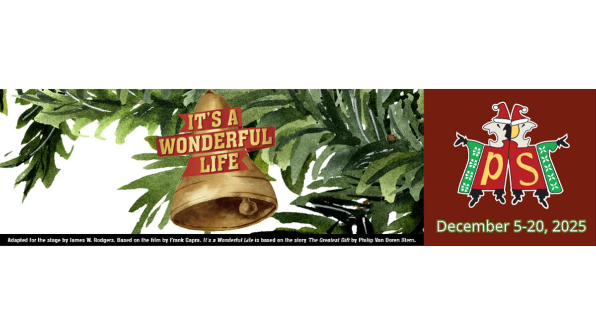 A graphic of a green plant with a yellow bell hanging from it, along with the text "It's a Wonderful Life" In gold on a red ribbon on top of the graphic