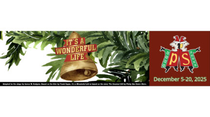 A graphic of a green plant with a yellow bell hanging from it, along with the text "It's a Wonderful Life" In gold on a red ribbon on top of the graphic