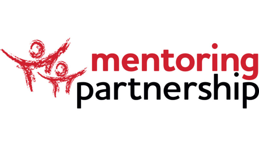 A crayon drawing of two red individuals with their arms outstretched, and the text "mentoring" in red and "partnership" in black on the right