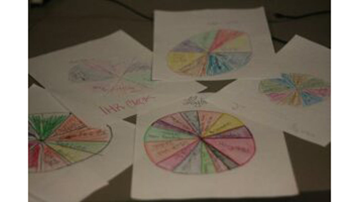 Five pie graphs drawn in crayon on pieces of paper