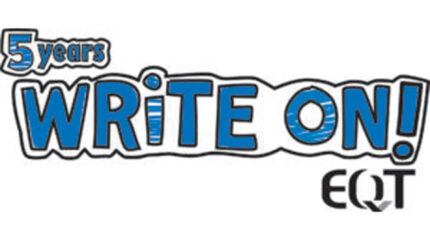 A graphic of the text "5 years WRiTE ON!" written to look like dark blue marker, and the letters "EQT" in black bold font underneath