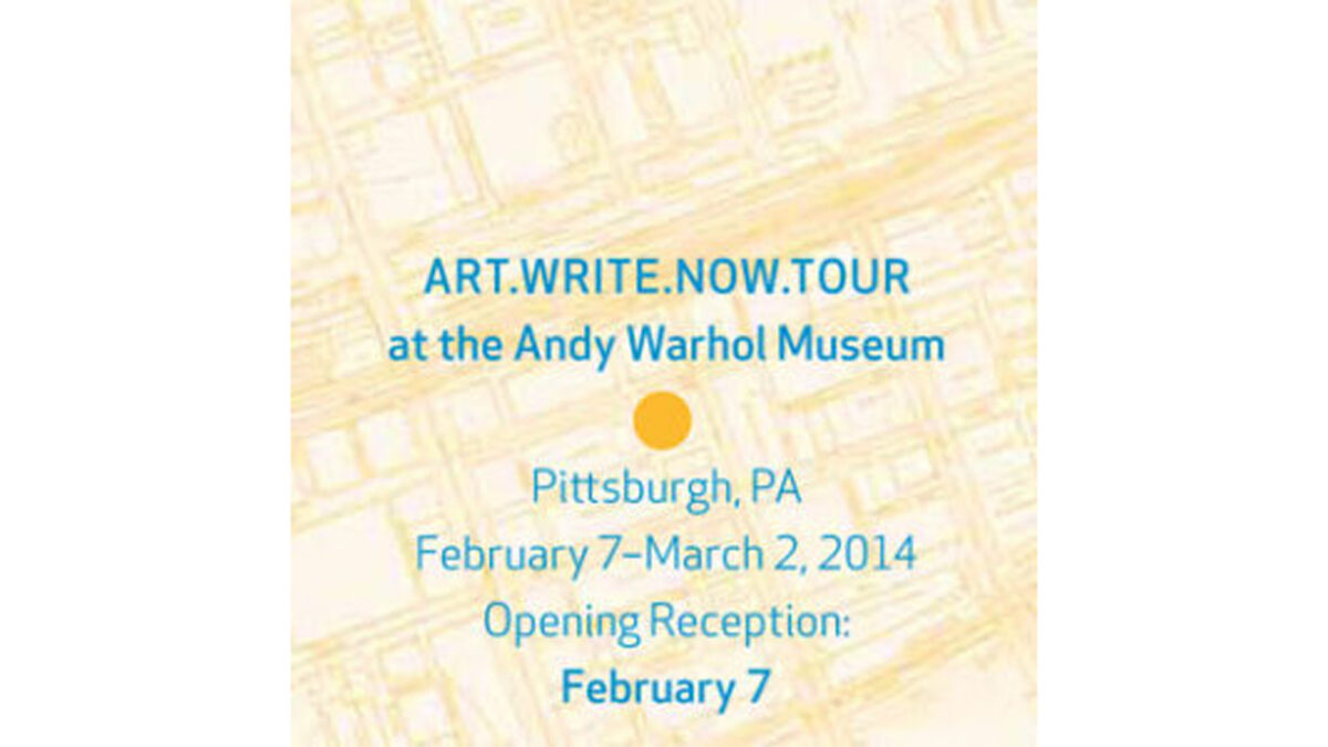 Blue text advertising the Art Write Now Tour at the Andy Warhol Museum on an orange background
