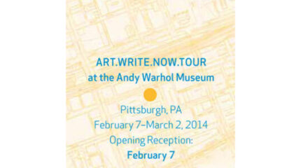 Blue text advertising the Art Write Now Tour at the Andy Warhol Museum on an orange background