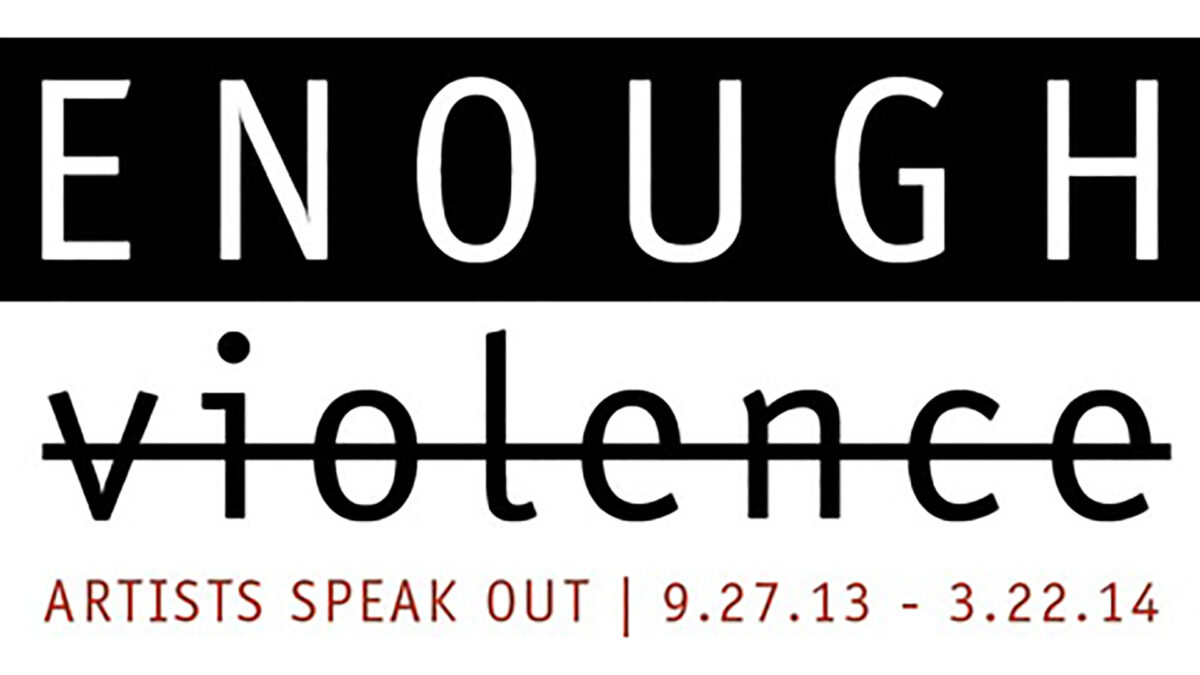 The text "ENOUGH" in white on a black background above the text "violence" in black with a strikethrough on a white background