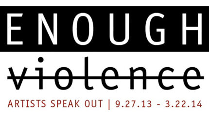 The text "ENOUGH" in white on a black background above the text "violence" in black with a strikethrough on a white background