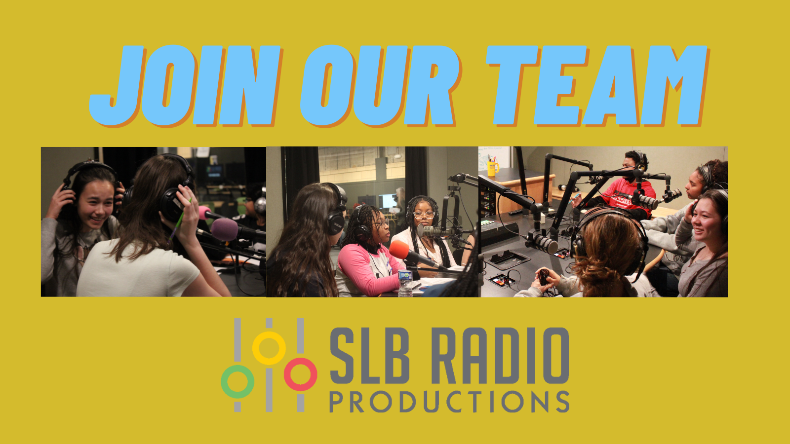 Join our team graphic with slb logo and a photo of kids speaking into microphones.