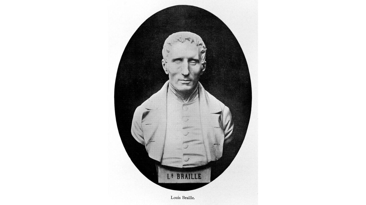 An image of a marble bust of an adult head and torso, with the text "L. Braille" and "Louis Braille" typed underneath