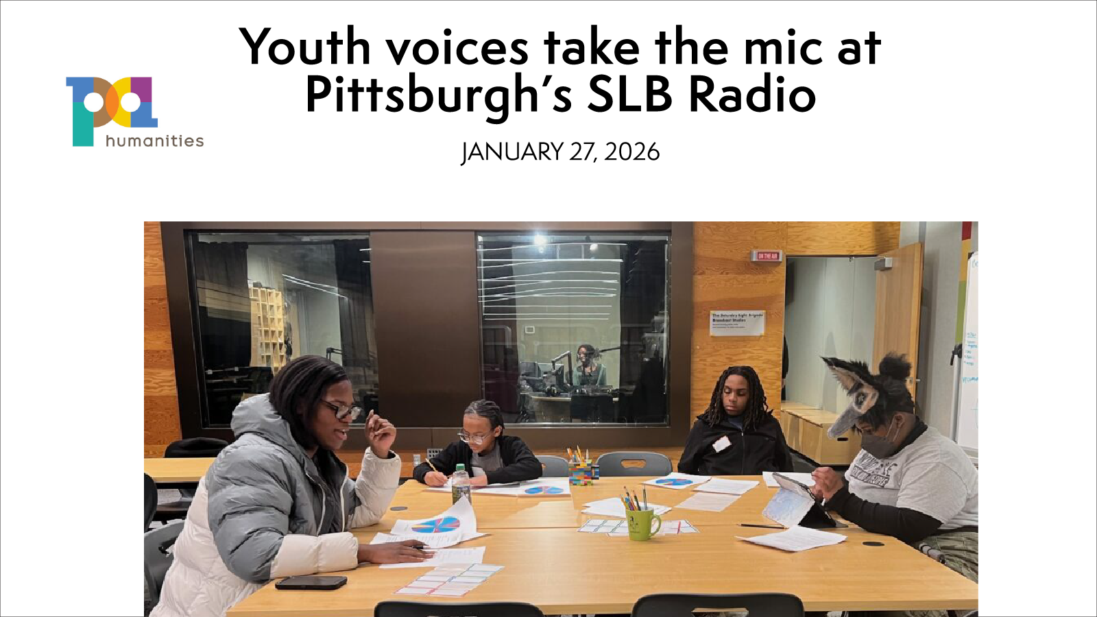 New article photo with youth preparing for a podcast.