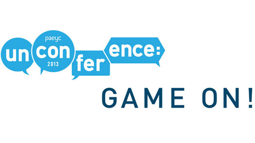 Four light blue speech bubbles forming the word "unconference" along with the text "Game On!" in dark blue underneath
