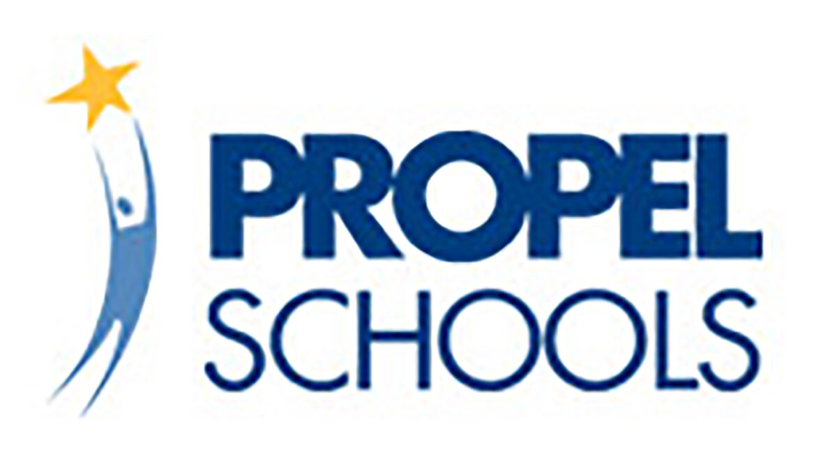 A graphic of a blue person reaching up for a yellow star, with the text "Propel Schools" written on the right in light blue