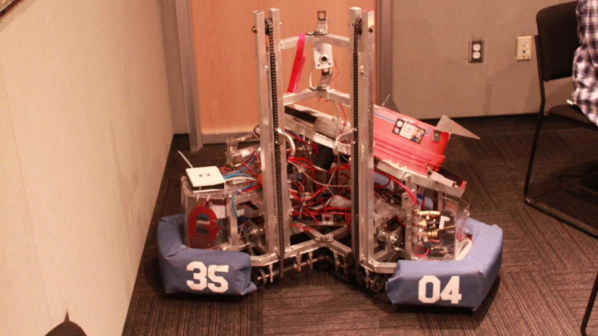 A robotic contraption in the corner of a radio studio