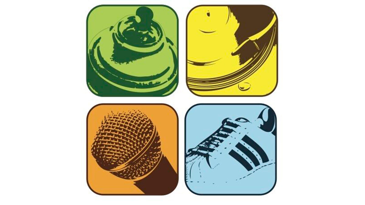 A graphic of a green bell, a yellow vinyl record on a turntable, an orange microphone, and a light blue sneaker, all in corresponding colored squares