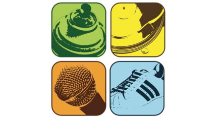 A graphic of a green bell, a yellow vinyl record on a turntable, an orange microphone, and a light blue sneaker, all in corresponding colored squares