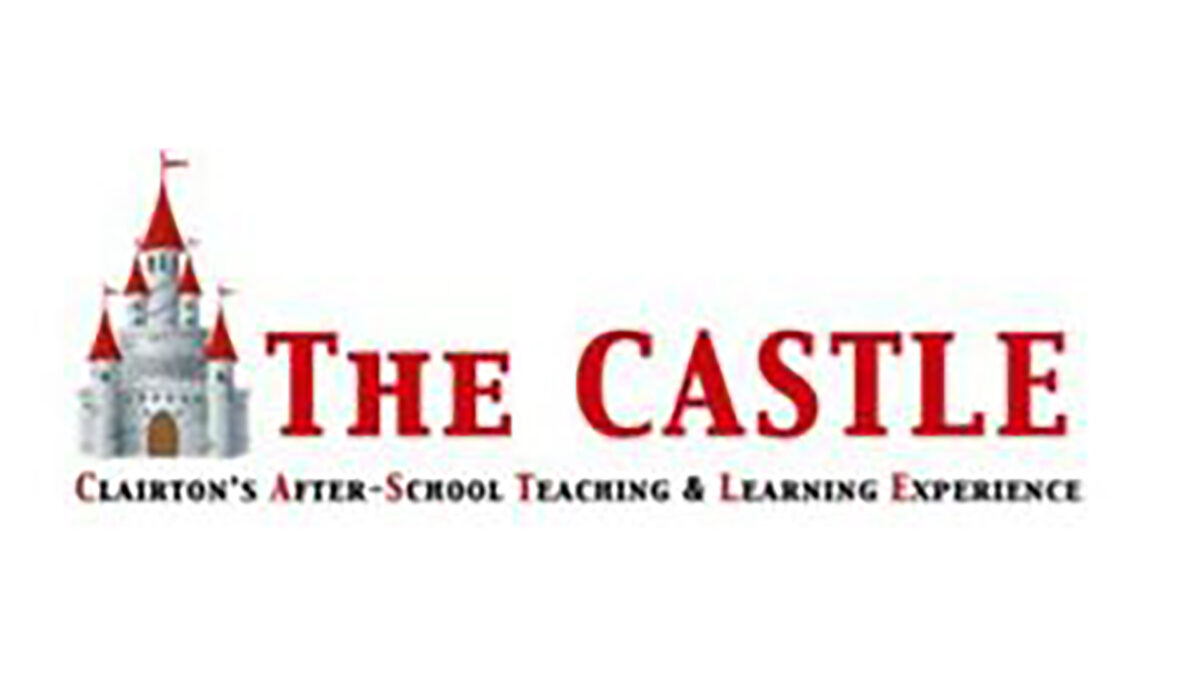 A graphic of a white castle with red spires and flags next to the text "THE CASTLE" in large red letters and "Clairton's After-School Teaching & Learning Experience" underneath