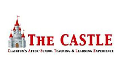 A graphic of a white castle with red spires and flags next to the text "THE CASTLE" in large red letters and "Clairton's After-School Teaching & Learning Experience" underneath