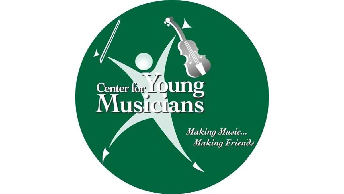 A graphic of a silhouette spreading their arms and legs while holding a violin and a bow, with the text "Center for Young Musicians" and "Making Music...Making Friends", all inside a green circle