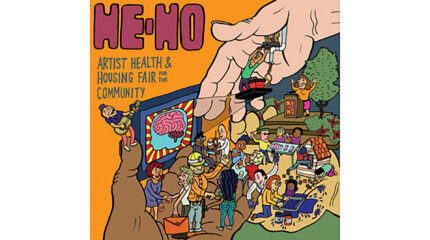 A drawing of multiple individuals standing on three hands engaging in various activities, along with the text "HE-HO" in blocky purple font and "Artist Health & Housing Fair for the Community" in dark blue, all on an orange background