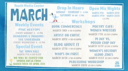 YMC March 2026 calendar graphic.