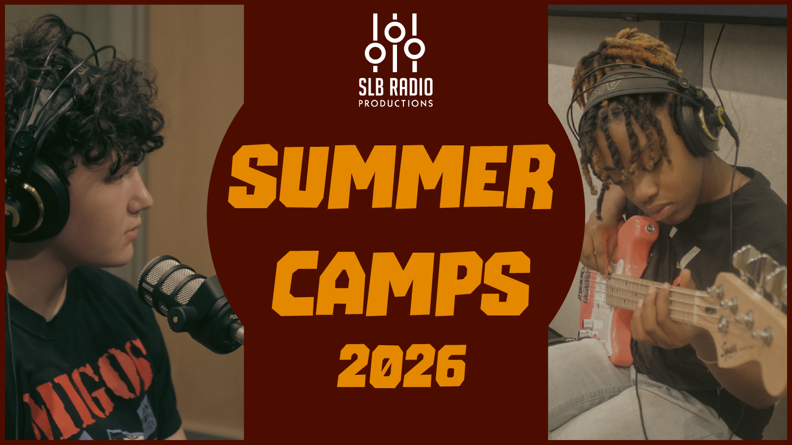 Summer Camps 2026 Graphic with youth playing instruments and speaking into a microphone.