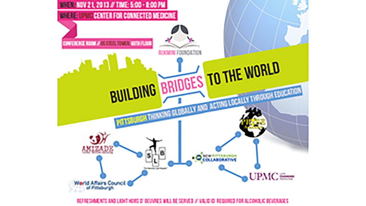 A graphic advertising the Building Bridges to the World event, along with all the companies in partnership