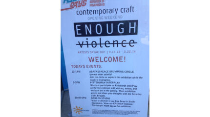 A piece of paper advertising the opening weekend of ENOUGH violence, detailing events and their times