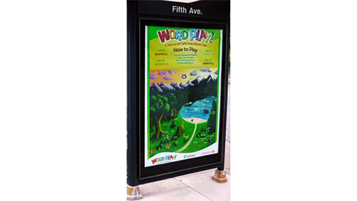 A placard advertising a board game called "WORD PLAY!"