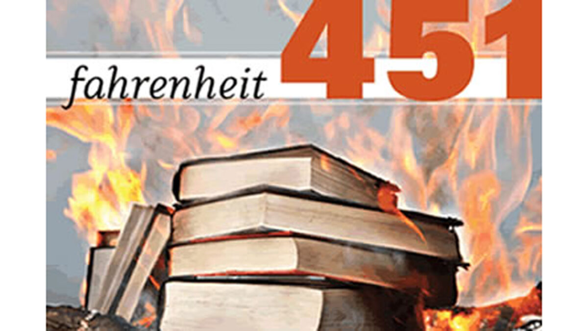 A graphic of a stack of books on fire, with the text "farenheit" in black cursive font, and "451" in large orange font