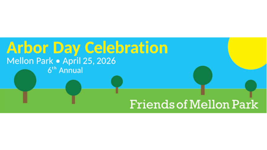 A graphic of a green field with small trees under a blue sky and a large yellow sun.