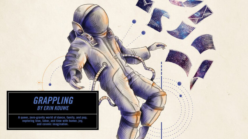 An illustration of an astronaut leaning back surrounded by slips of papers with galaxies on them standing in front of circular dotted lines and dark blue circles