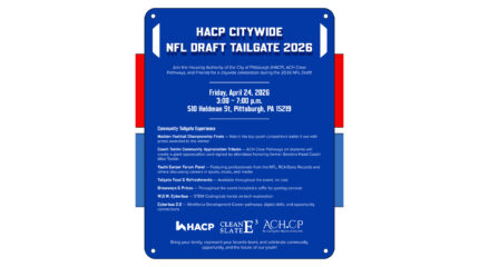 A blue rectangle with text advertising the HACP Citywide NFL Draft Tailgate 2026